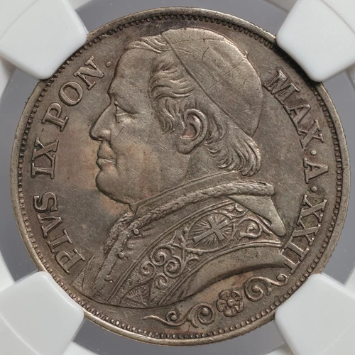 1867-R XXII Italy Papal States Pope Pius IX 2 Lire NGC - AU Details Stained
