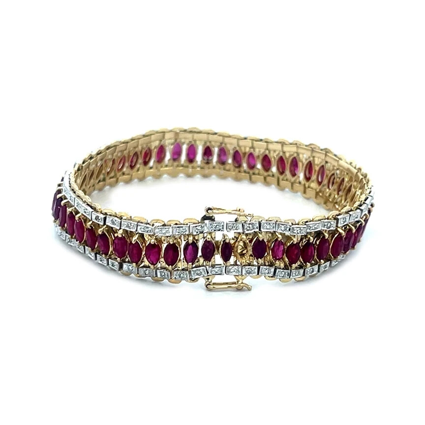 Ruby Diamond Gold Bracelet 18k Two Tone Wide Marq… - image 3
