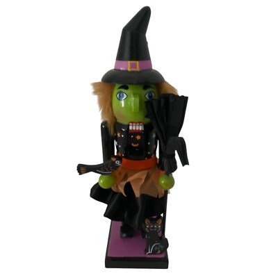 Hand-Painted Halloween Wood Witch Nutcracker Decoration Broom Cat Figurine 9.5''