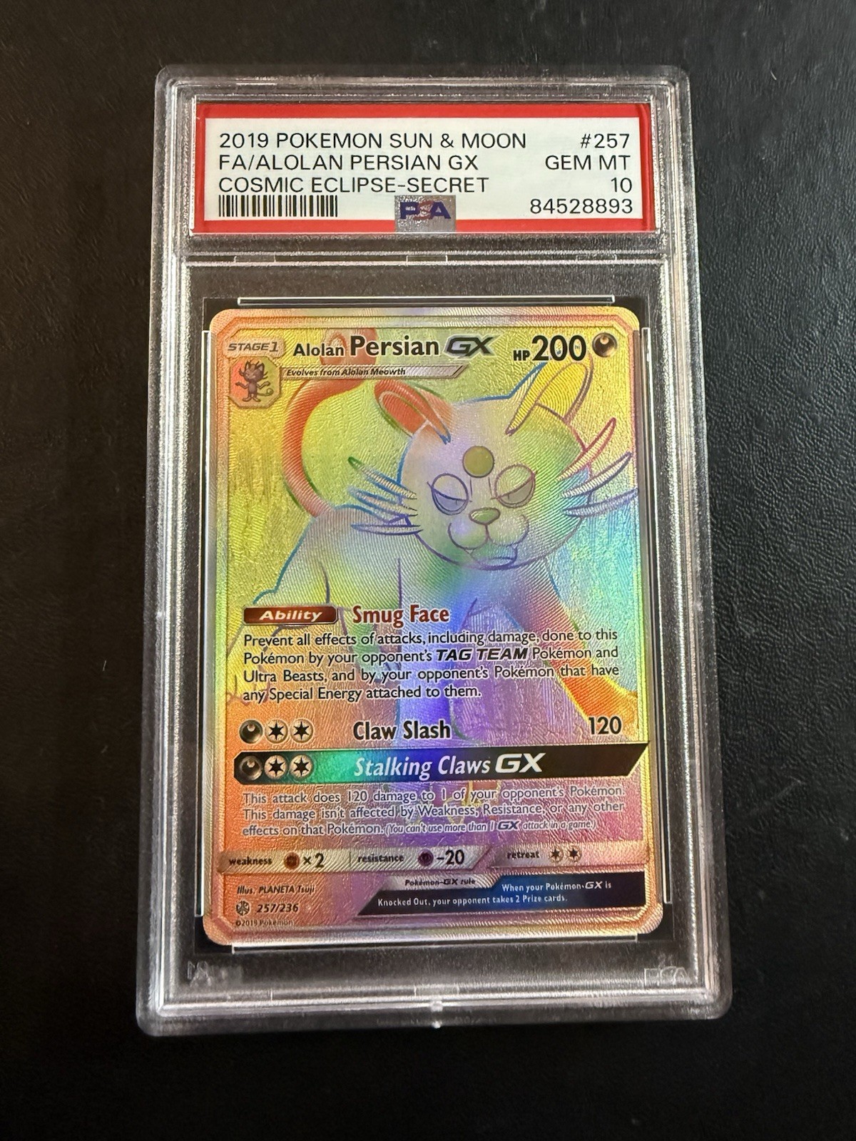 2019 Alolan Persian GX 257/236 Cosmic Eclipse Holo Full Art Secret Rare PSA 10
