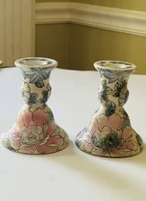 Vintage SPI Home Hand Painted Floral Candlesticks Set of 2 Porcelain Chinoiserie