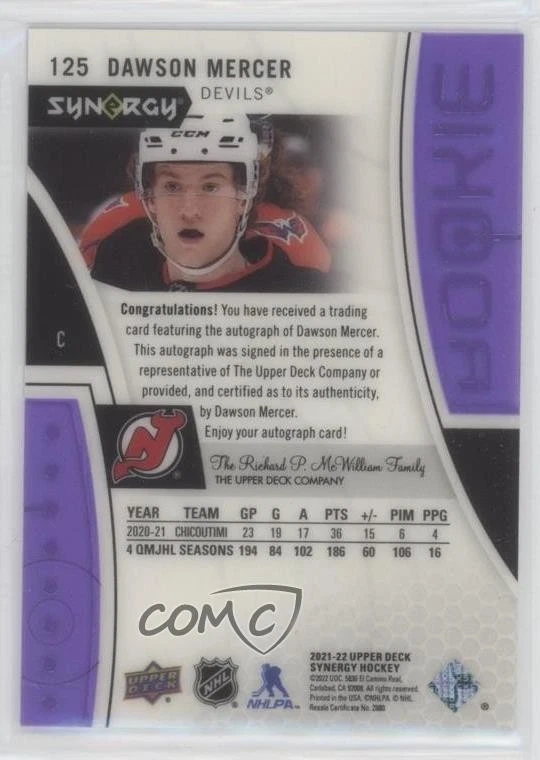 2021-22 Upper Deck Synergy Rookies Purple /99 Dawson Mercer #125 Rookie Auto RC - Image 2 of 2