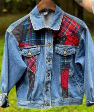 Vintage 90  s Grunge Plaid Patchwork Denim Jacket Petites Small By Carole Little