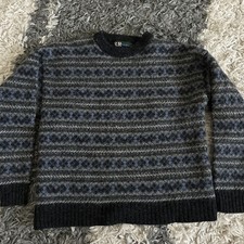 Vintage R R Shetland 100 Wool Sweater Blue Gray Argyle Kids L Or Womens S