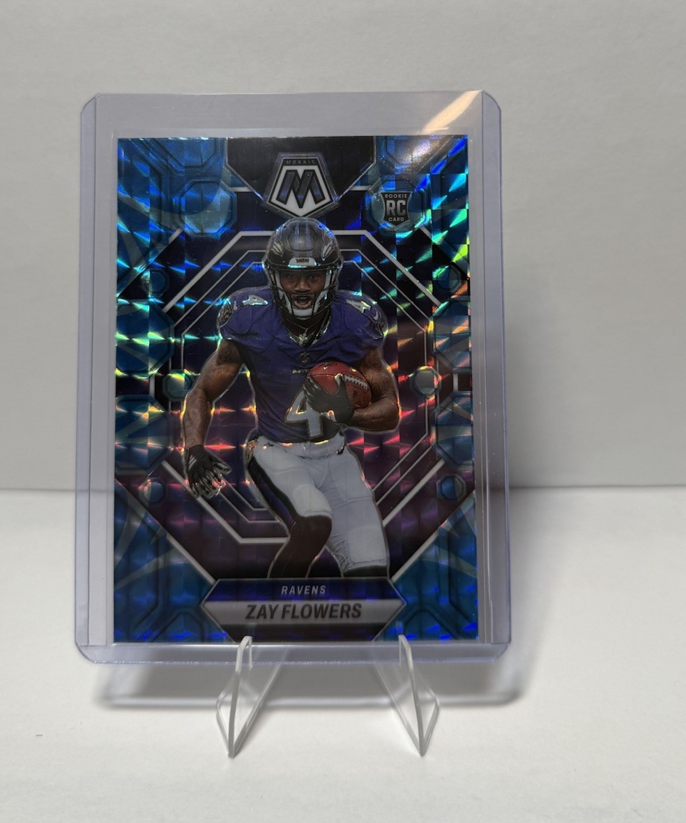 Zay Flowers 2023 Panini Mosaic #380 Reactive Blue Mosaic RC Baltimore Ravens