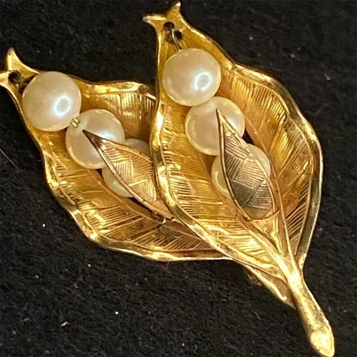 Vintage Miriam Haskell Leaf Spray Brooch Pin Gold Tone Faux Pearl Beads