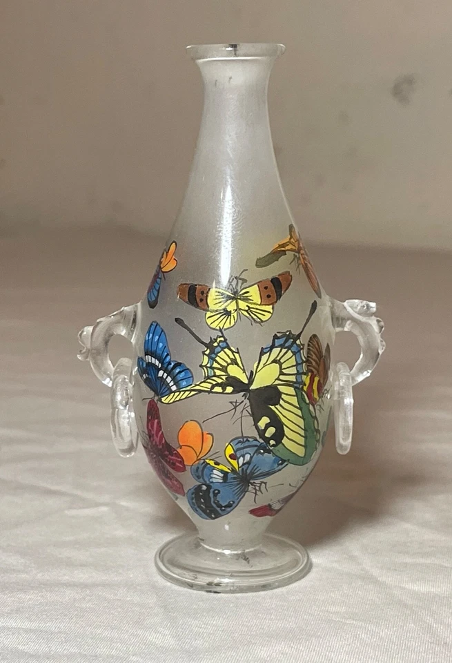 Antiguo jarrón chino reverso pintado a mano figurativo vidrio mariposa botella de tabaco Foto 4 de 4