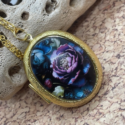 Gold Photo Locket Wedding Keepsake Ash Urn Locket Purple Flower Teal Necklace - Picture 4 of 11
