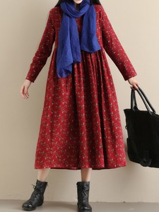 Pockets Dress Women Long Vintage Pleated Floral Loose Sleeve Print z5wwqxPv8