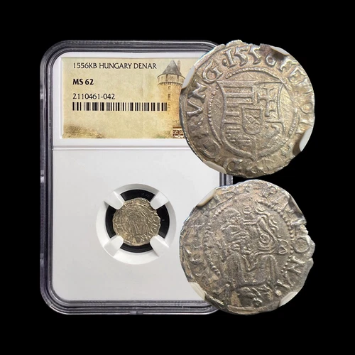 HUNGARY. 1556, Denar, Silver, KB - NGC MS62 - Ferdinand I, Madonna, Kremnica 042
