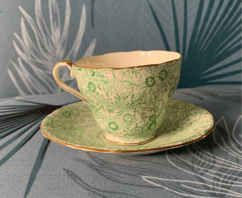 Aynsley Vintage Bone China England Green Gold Floral TEA CUP & SAUCER - Picture 2 of 4
