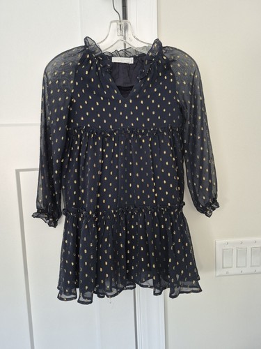 Stella McCartney Girls Party Dress Navy & Gold Chiffon Ruffle Long Sleeve Size 8 - Picture 2 of 8
