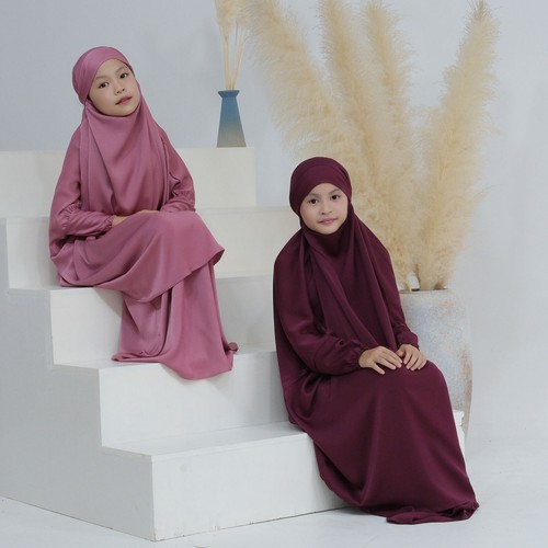 Satin Khimar 2 Pieces Set Kids Girls Muslim Hijab Dress Dress Abaya Kaftan Robe - Picture 7 of 40