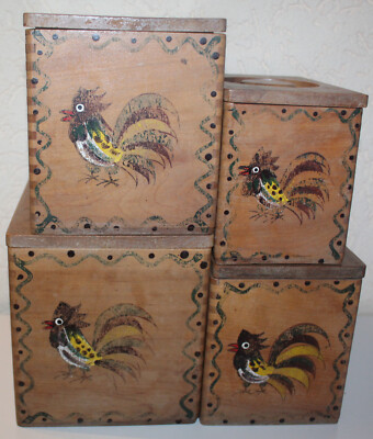 Woodpecker Wood Ware hand-painted Japan 4 x Dose Dosen handgemalt original alt