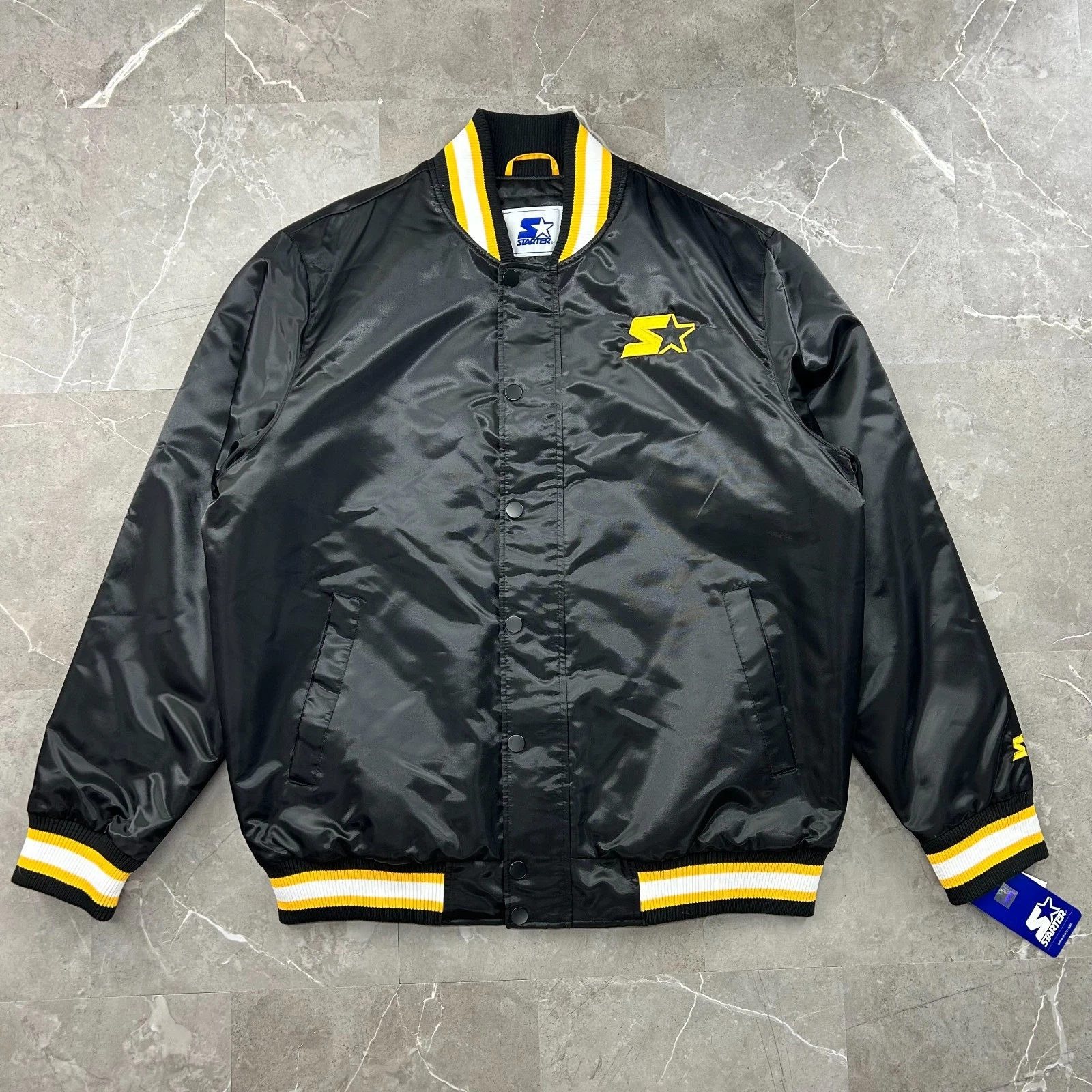 Starter Bomber Jacket Mens XL Satin Varsity Coat Embroidered Pittsburgh Black