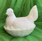 VINTAGE WHITE MILK GLASS HEN ON NEST VALLERYSTHAL BUTTER DISH 7.5” LARGE!