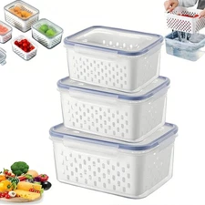 3Pcs Fruit Vegetable Storage Containers Set for Fridge with Removable Colanders