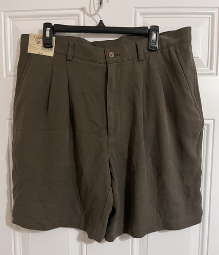 NWT Caribbean Pleated 100% Silk Herringbone Mens Shorts 36 Deepest Olive Green