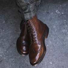 New Handmade Wingtip Brown Genuine Leather Ankle Lace Office Dress Boots For Men