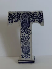 Decorative Ceramic Blue And White Letter T Floral Pattern Pottery Style 8” High