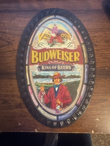 VINTAGE 12” OVAL BEER SIGN BUDWEISER KING OF BEERS - FISHERMAN ADVERTISING SIGN