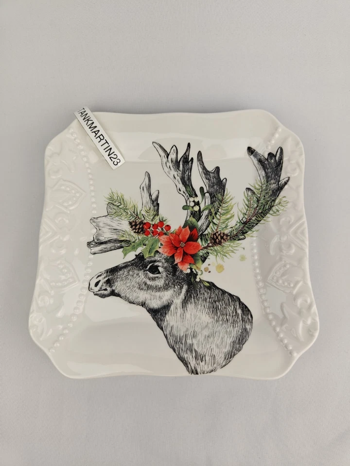 Set of 4 Furry Christmas Reindeer Caribou Elk Poinsettia Salad Dessert Plates - Image 3 of 4