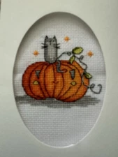 COMPLETED FINISHED CROSS STITCH CARD "PUMPKIN KITTY”