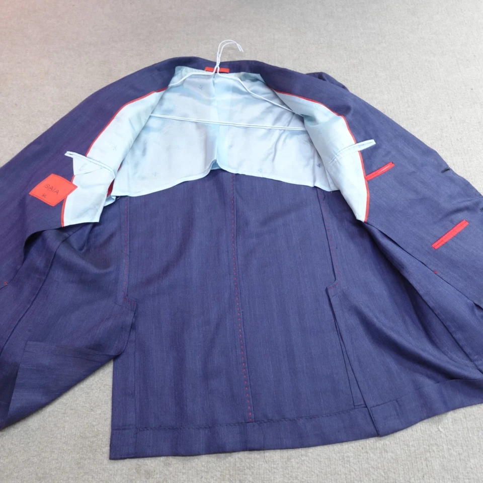 Isaia Napoli Sport Coat 42R Blue Unlined Unstructured Pick Stitching Wool Linen - Image 4 of 4