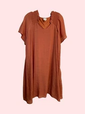 NWT Naïf Anthropologie Short Sleeve Shirred Lined Crepe Fabric Rust Dress Sz XL