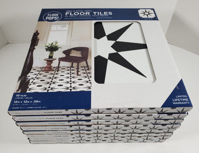 Lot of 8 Floor Pops  Altair  Peel & Stick Vinyl Floor Tiles Black & White Star