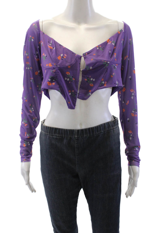 AFRM Womens Floral Cropped Square Neck Long Sleeve Blouse Purple Size XL