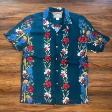 Vintage Paradise Found Hawaiian Shirt Medium M Macaw Parrots Magnum PI Green USA