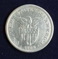1908 S Philippines One Peso 80% Silver Coin KM# 172