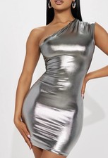 Fashion Nova Medium Sliver One Shoulder Metallic Short Temper Mini Dress NWT
