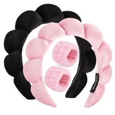 Velvet Headband Set for Face Washing, Makeup and Skincare - Puffy Pink Black