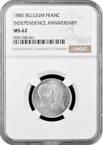 Belgium 1 franc 1880, NGC MS62, "50th Anniversary - Independence" silver coin