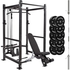 Power Rack Cable System Bench 150kg Plates and Optional 6ft Int'l or 7ft Barbell