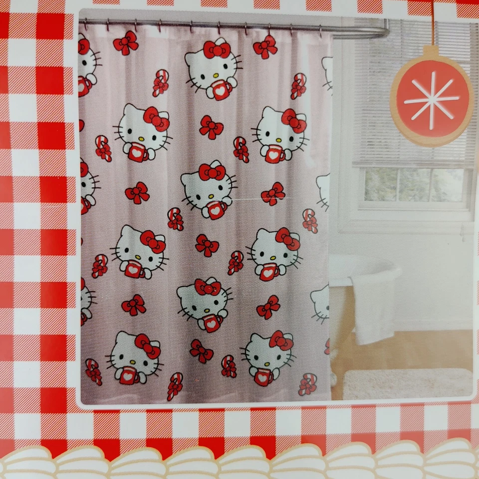 Hello Kitty Christmas Hot Chocolate Candy Canes Pink Fabric Shower Curtain 72x72 - Image 2 of 4