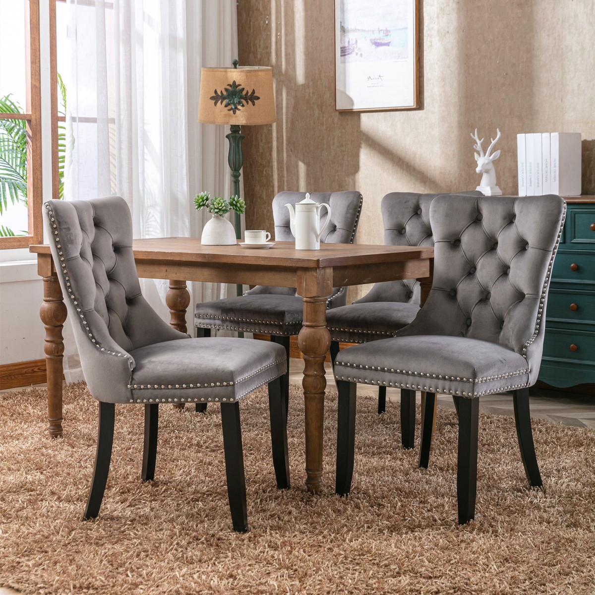 Luxury Grey/BEIGE/Blue/BLACK Velvet Kitchen Dining Chairs Set