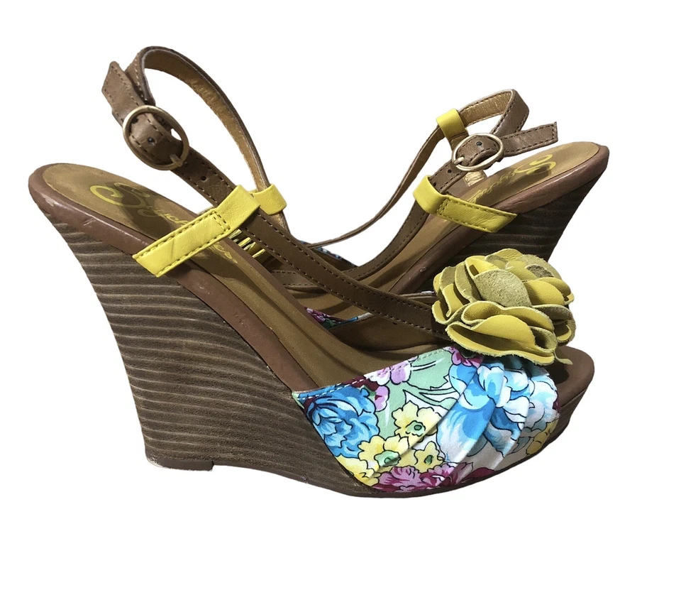 Sandalia Anthropologie Seychelles Joan Amarilla Floral Apilada Cuña Tirantes Talla 6 Foto 3 de 4