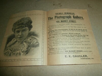 Vtg 1800's Advertising Price Paper Harrisburg PA E K Gaugler Photograph Gallery