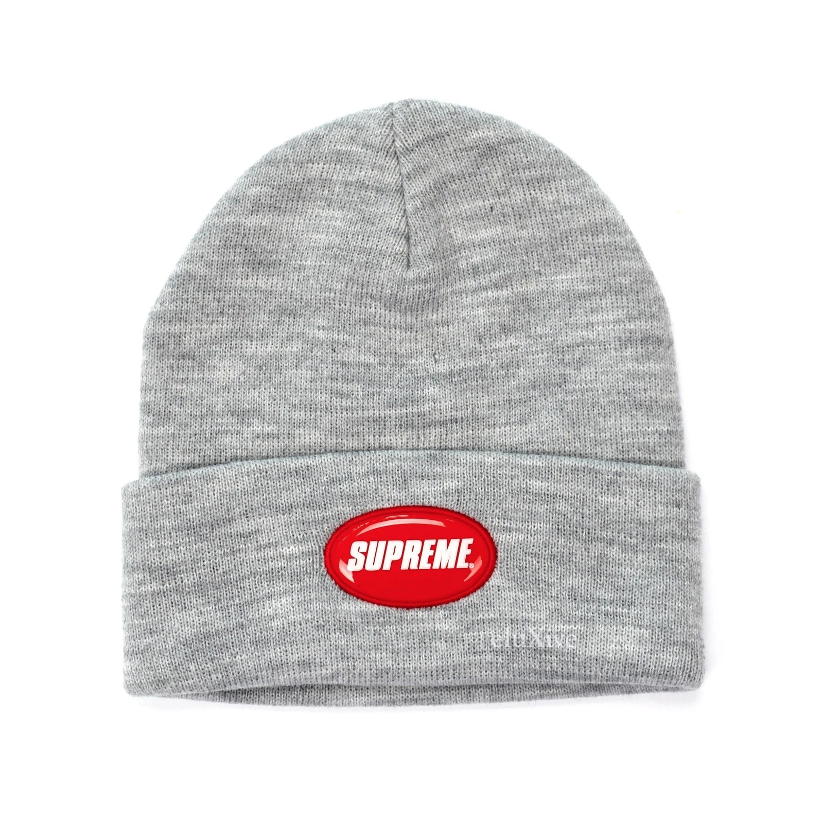 Neuf avec étiquettes chapeau bonnet Supreme NY homme gris bruyère caoutchouc rouge logo SS18 AUTHENTIQUE