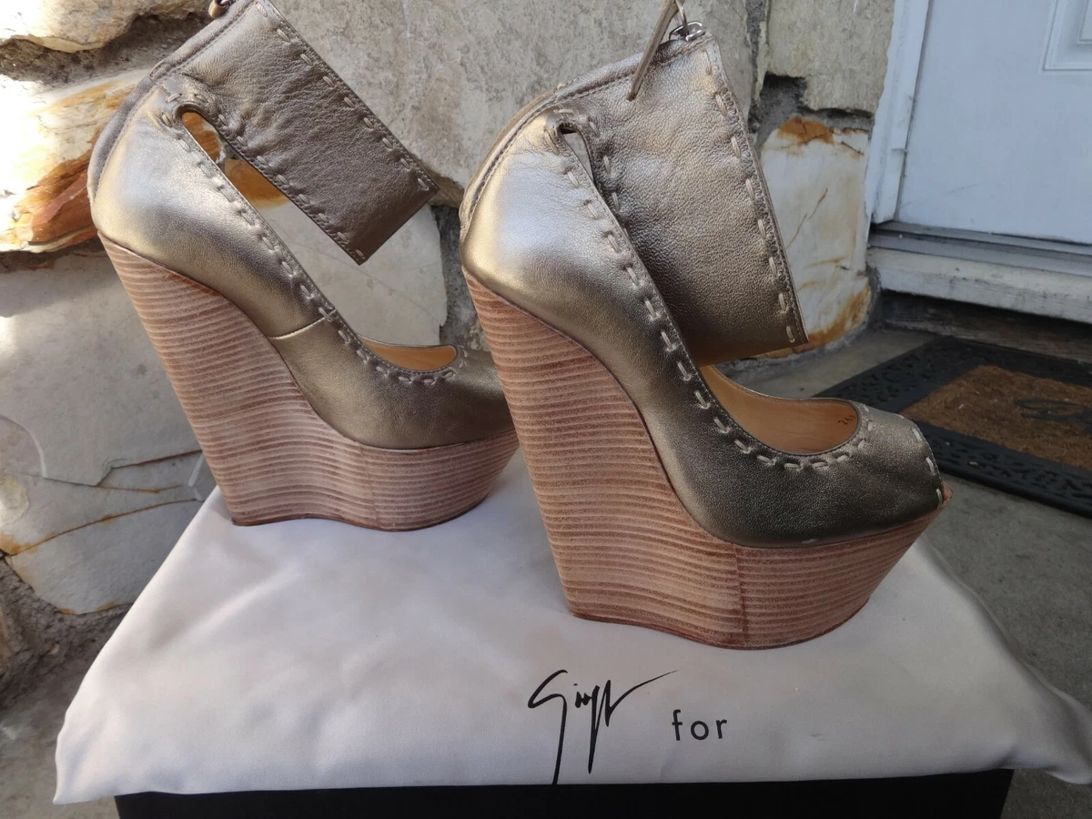 Giuseppe Zanotti Ankle Strap Wedge Platform Pumps Gold Leather EU 37