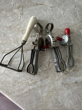Vintage Lot 4 1950s Child's Metal Egg Beater Hand Mixer Toy Red Wood Handle