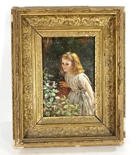 Vintage Charming Oil Painting on Panel of a Cute Girl in the Garden