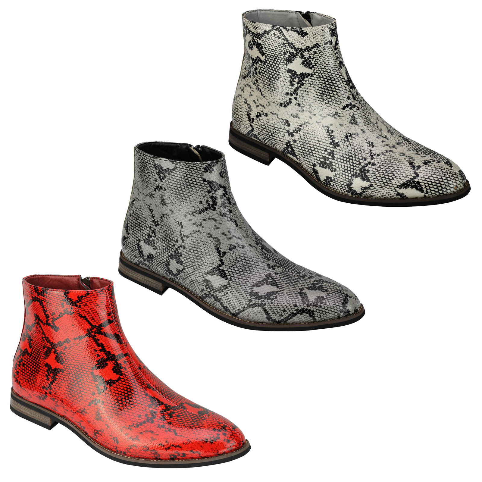 Mens Faux Leather Shiny Snake Print Ankle Boots Zip on Chelsea Dealer Shoes