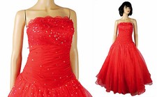 Red Strapless Prom Gown Sz XS 2 Long Chiffon Lace Sequin Stunning Pageant Dress
