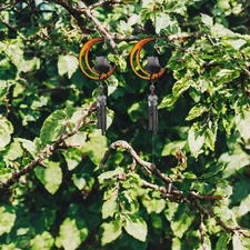 2-PC Gift Set 31" Long Wind Chime with Black Coated Gems Cats on Moon Hanging