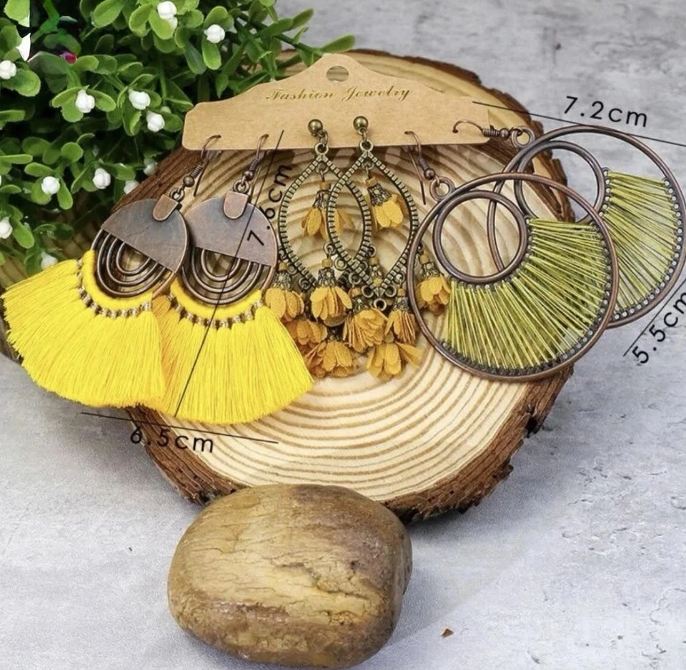 3-Pair Boho Earrings Set 🌼 Yellow Tassel & Beaded Dangles – Nickel-Free Jewelry - Image 2 of 4