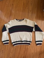 Vintage New Era 80s Striped Knit Cream Y2K Sweater Youth Kids Large USA Made